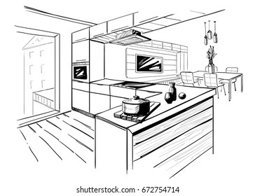 Sketch of modern corner kitchen. Black pencil lines on white background.
