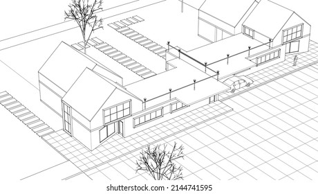 boceto de una moderna representación 3d de casa