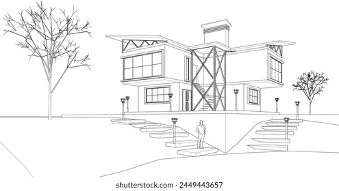 Skizze eines modernen Hauses 3D-Rendering