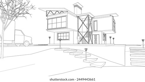 boceto de una representación 3d de una casa moderna