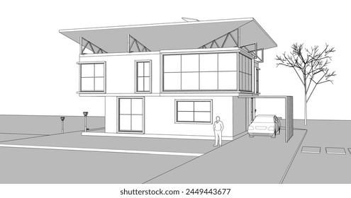 sketch of a modern house 3d rendering