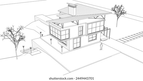 Skizze eines modernen Hauses 3D-Rendering