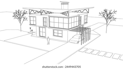 sketch of a modern house 3d rendering