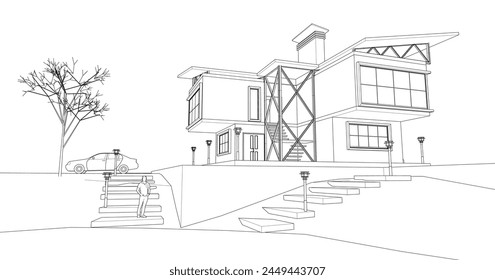 sketch of a modern house 3d rendering