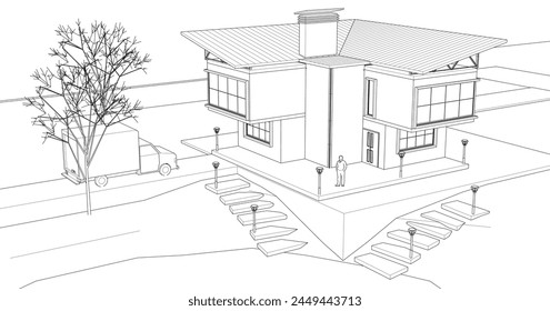 boceto de una representación 3d de una casa moderna