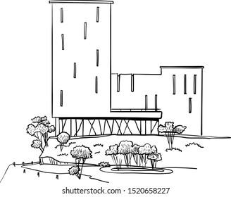 sketch of a modern house facade with thin windows
