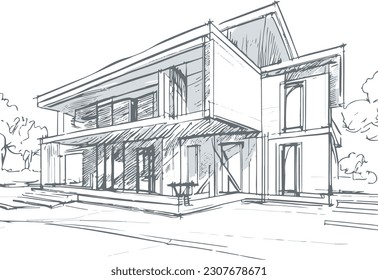 Sketch of a modern house on a white background. illustration