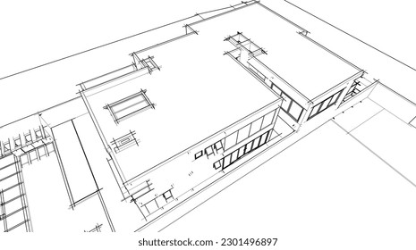 Sketch of modern house vector 3d illustration 