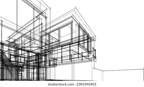 Sketch of modern house vector 3d illustration 