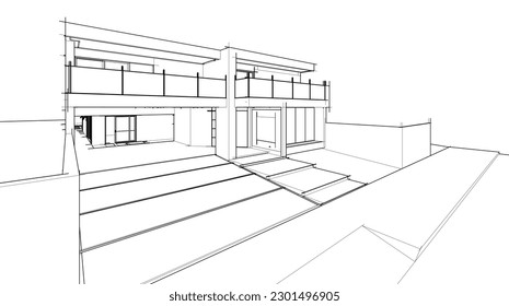 Sketch of modern house vector 3d illustration 