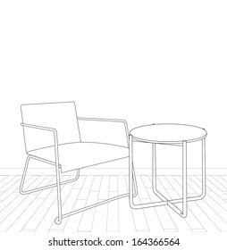 sketch of modern interior table and armchair. vector illustration