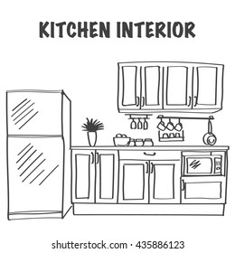 Esbozo de interiores modernos con armarios, herramientas de cocina y dispositivos electrónicos.