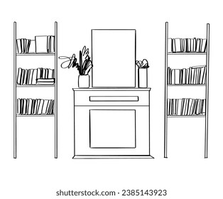Sketch of modern living room interior with bookshelf, fireplace and pictures