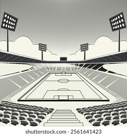 Sketch of Modern Soccer Stadium with Bright Lights and Grandstand Seating