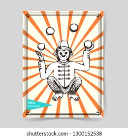 Sketch mokey juggler in vintage style, vector poster