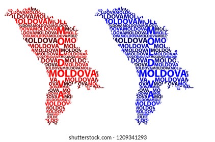Sketch Moldova letter text map, Republic of Moldova - in the shape of the continent, Map Moldova - red and blue vector illustration