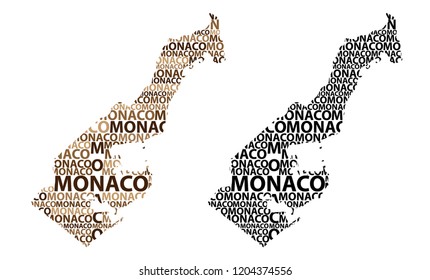 Sketch Monaco letter text map, Principality of Monaco - in the shape of the continent, Map Monaco - brown and black vector illustration