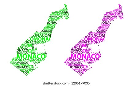 Sketch Monaco letter text map, Principality of Monaco - in the shape of the continent, Map Monaco - green and purple vector illustration