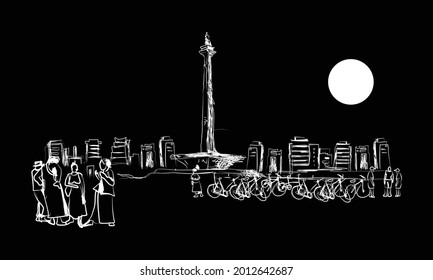 Sketch of Monas and tourists at night
