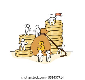 Sketch of money bag with working little people. Doodle cute miniature of stack of coins and big profit. Hand drawn cartoon vector illustration for business and finance design.