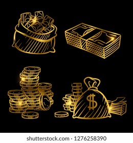 Sketch of money. Golden vector coins and money isolated on black background