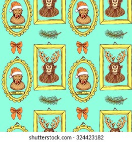 Sketch monkey in Santa's hat and chimpanzee with reindeer's antlers in frames, vintage style, vector seamless pattern