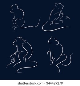 sketch monkey set on a blue background, vector