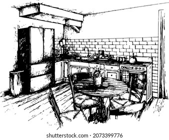 Sketch Monochromatic Freehand Illustration Of An Empty Cosy Kitchen On White Background. Interior Concept Idea