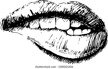 Sketch monochromatic vector drawing, bitten lip