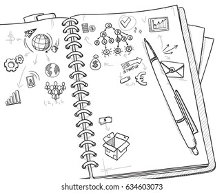 Sketch monochrome business concept with teamwork strategy marketing and financial elements drawing in notebook vector illustration