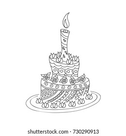 Sketch of monochrome cake for birthday card or children and adult coloring book. Isolated outline doodle cake with roses and candle.  eps 10.