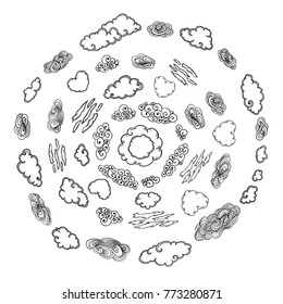 Sketch monochrome clouds collection of different shapes and sizes arranged in circle isolated vector illustration