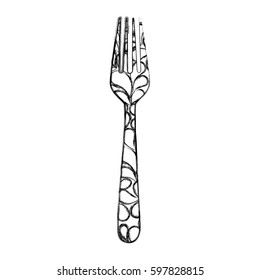 sketch of monochrome contour of kitchen fork with decorative leaves vector illustration
