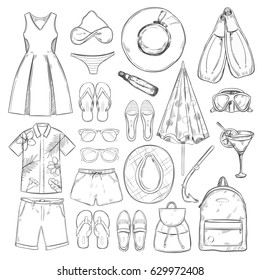 Sketch monochrome summer vacation elements set with male and female clothes items accessories isolated vector illustration