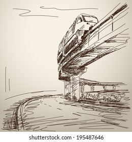 Sketch Of Monorail Train. Hand Drawn Illustration