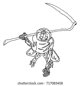 Sketch of a monster. Pumpkin monster with a scythe. Pumpkin on Halloween. Vector illustration.