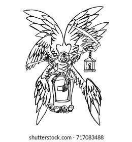 Sketch of a monster with six wings. Pumpkin with a lamp for Halloween. Vector illustration pumpkin monster with a scythe on a tombstone with skulls. Hand drawn scary pumpkin with scythe and wings. 