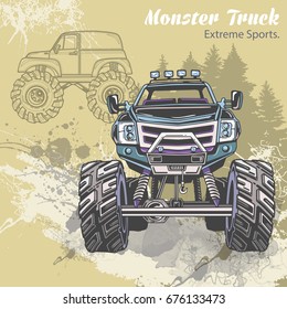 Sketch Monster Truck on the graphic forest landscape. Retro vector illustration. Extreme Sports. Adventure, travel, outdoors art symbols. Off Road. Can be printed on T-shirts, bags, posters