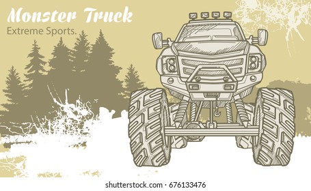 Sketch Monster Truck On The Graphic Forest Landscape. Retro Vector Illustration. Extreme Sports. Adventure, Travel, Outdoors Art Symbols. Off Road. Can Be Printed On T-shirts, Bags, Posters