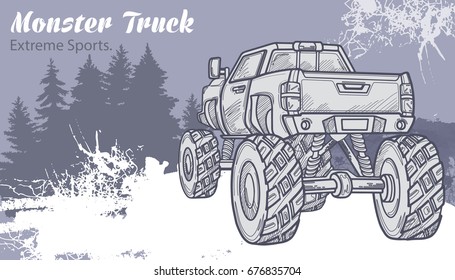 Sketch Monster Truck on the graphic forest landscape. Retro vector illustration. Extreme Sports. Adventure, travel, outdoors art symbols. Off Road. Can be printed on T-shirts, bags, posters