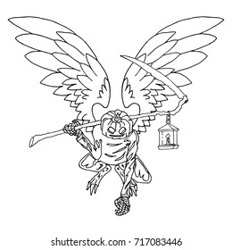 A sketch of a monster with wings. Symmetrical wings. Pumpkin monster with a scythe. Pumpkin with a lamp for Halloween. Vector illustration. 