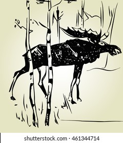 sketch of moose in the trees in black white color on a light background