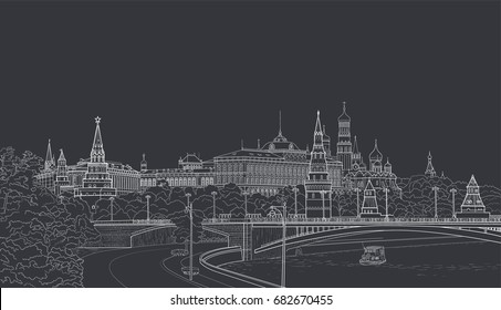 Sketch of Moscow cityscape with landmarks, Kremlin, churches and President palace. Painted with chalk on black