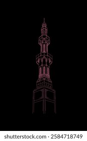 sketch of mosque building tower with red lines on black background