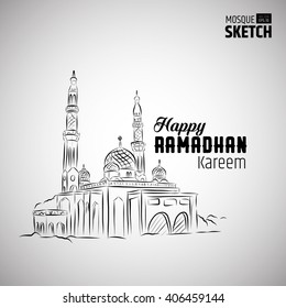 Skizze der Moschee mit Ramadhan Text. Vektorgrafik EPS. 10