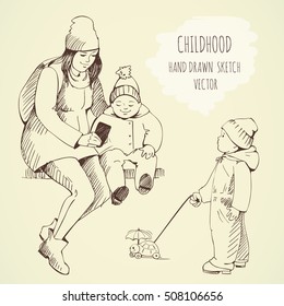 Sketch: mother, children, girl, baby, walk. Drawing by hand. Background on the topic of motherhood and childhood