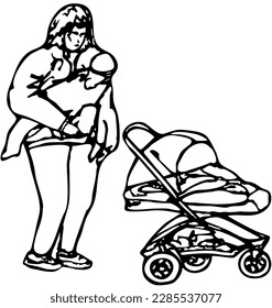 Sketch a mother cradles a baby in her arms to put in a stroller. Hand made ink drawing