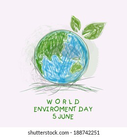 Sketch of mother earth globe with green leaves and stylish text World Environment Day background. 