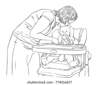 Sketch Of Mother Fastening Her Baby In Dining Chair With Table And Kissing Him, Happy Family Moments, Hand Drawn Vector Line Art Illustration