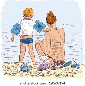 sketch of a mother with her kid on a beach